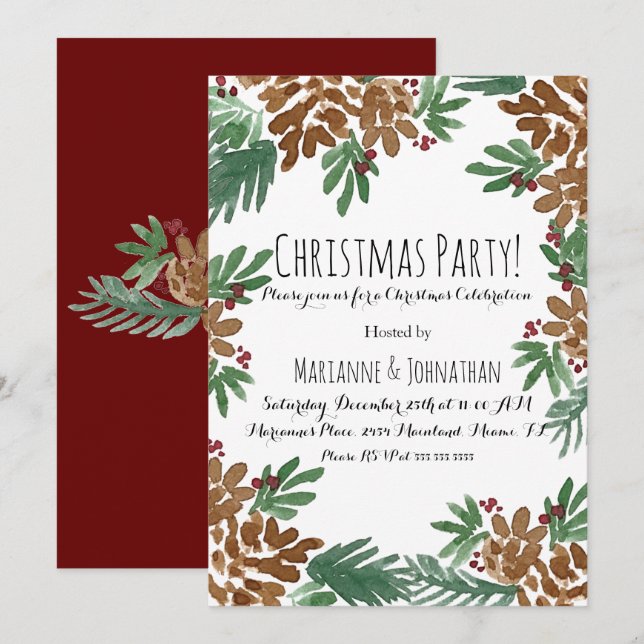 Christmas Party Watercolor Pinecones Greenery Art Invitation (Front/Back)