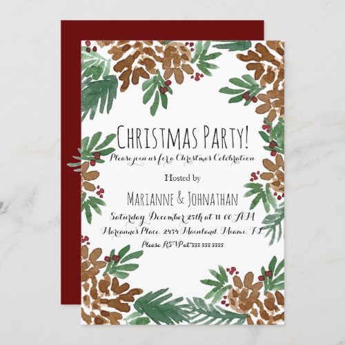 Christmas Party Watercolor Pinecones Greenery Art Invitation