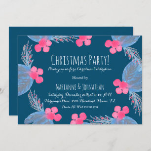 Christmas Party Watercolor Pionsettias Berry Blue Invitation