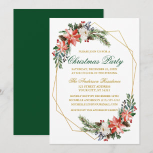 Christmas Party Watercolor Poinsettia Gold Green Invitation