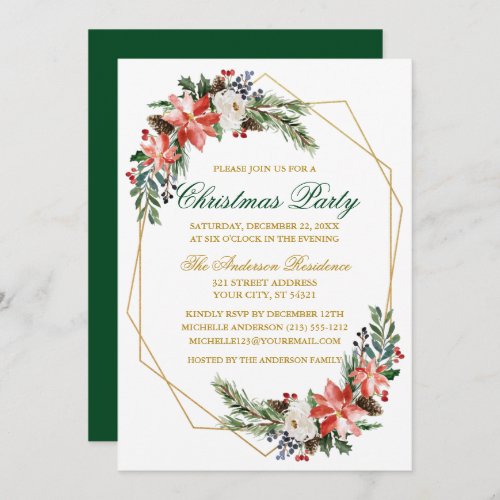 Christmas Party Watercolor Poinsettia Gold Green Invitation