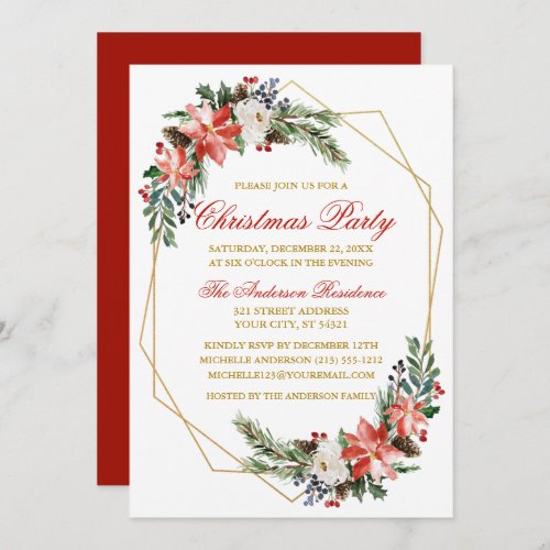 Christmas Party Watercolor Poinsettia Gold Red Invitation