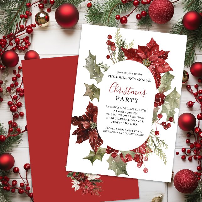 Christmas Party Watercolor Poinsettia Wreath Invitation (Christmas Party Watercolor Poinsettia Wreath Invitation
)