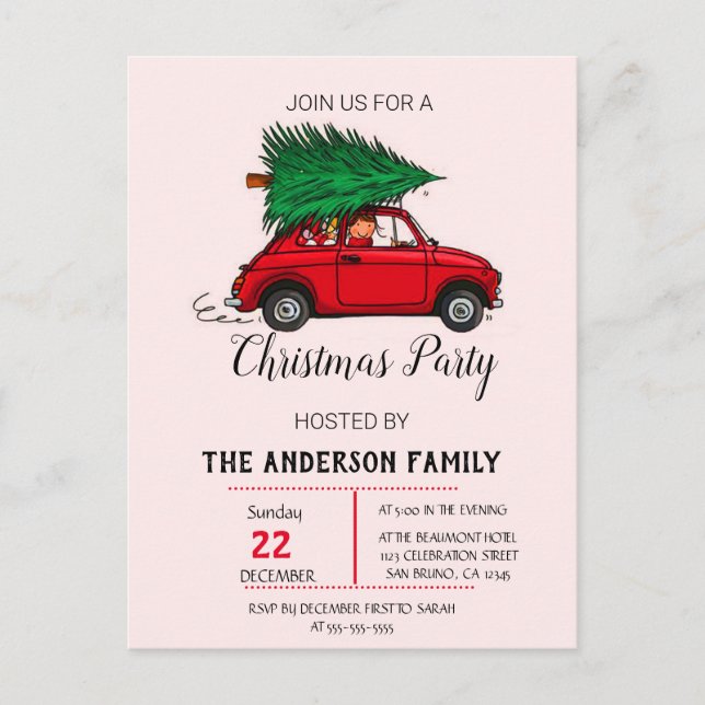 Christmas Party, Watercolor Red Car Winter Holiday (Front)