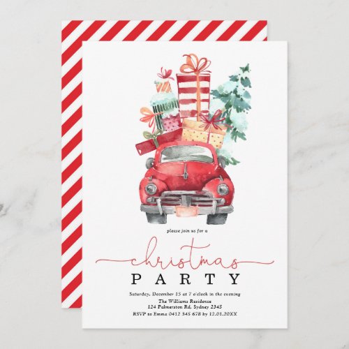 Christmas Party Watercolor Red Car Winter Holiday Invitation