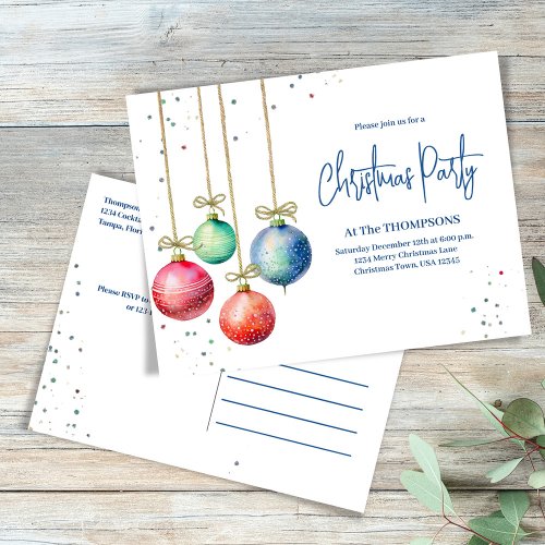 Christmas Party Watercolor Simple Ornaments Holiday Postcard