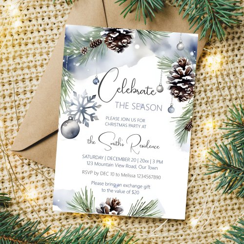 Christmas party watercolor snowy pines invitation