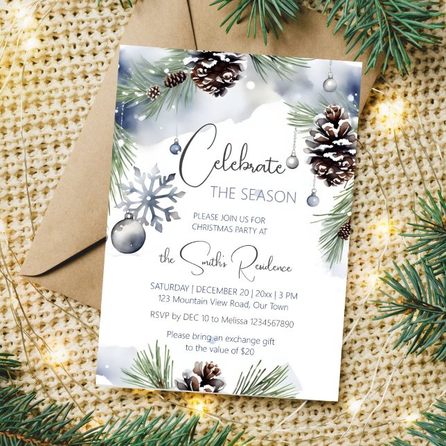 Christmas party watercolor snowy pines invitation (Celebrate the season Christmas dinner party editable template invitation digital download watercolor)