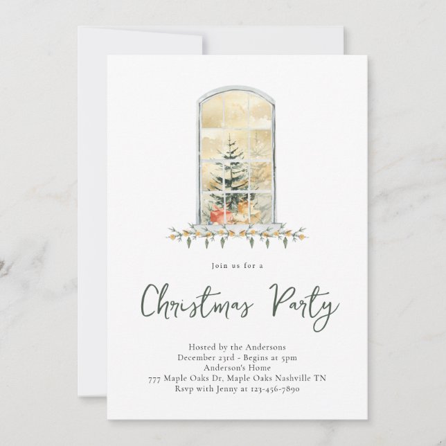 Christmas Party Watercolor Snowy Window Invitation (Front)