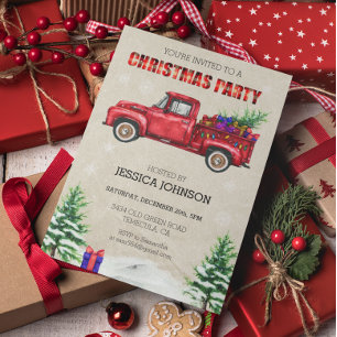 Christmas Party Watercolor Truck Red Plaid Invitation