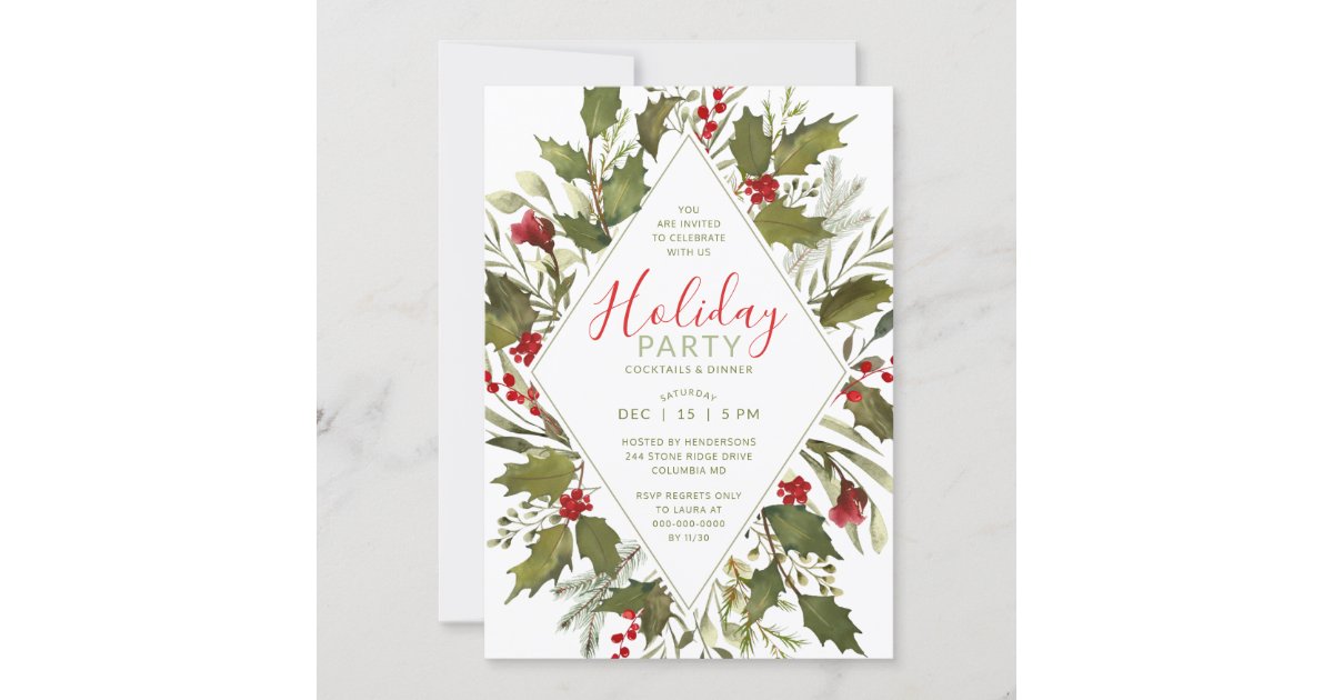 Christmas Party Watercolor Vintage Holly Greenery Invitation | Zazzle