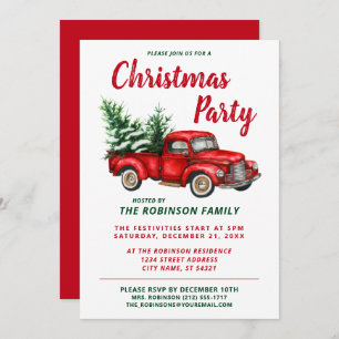 Christmas Party Watercolor Vintage Red Truck Invitation