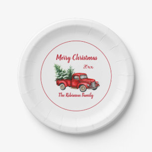 Christmas Party Watercolor Vintage Red Truck Paper Plates