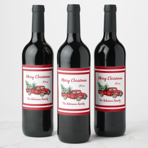 Christmas Party Watercolor Vintage Red Truck Wine Label