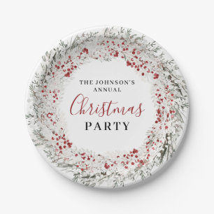 Christmas Party Watercolor Wreath Paper Plates