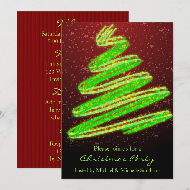 Christmas Party Wavy Green Modern Tree Invitation (Front/Back)