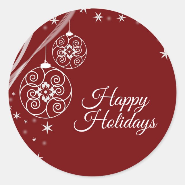 Christmas Party White Ornaments Stars Red Elegant Classic Round Sticker (Front)