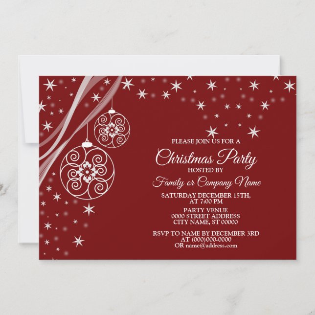 Christmas Party White Ornaments Stars Red Elegant Invitation (Front)