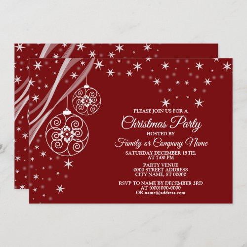 Christmas Party White Ornaments Stars Red Elegant Invitation