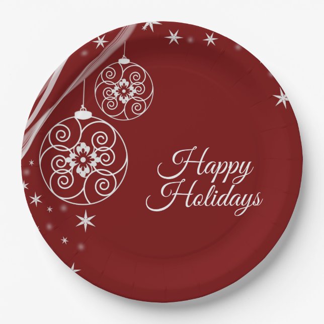 Christmas Party White Ornaments Stars Red Elegant Paper Plates (Front)