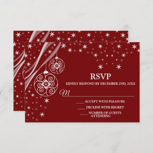 Christmas Party White Ornaments Stars Red Elegant RSVP Card
