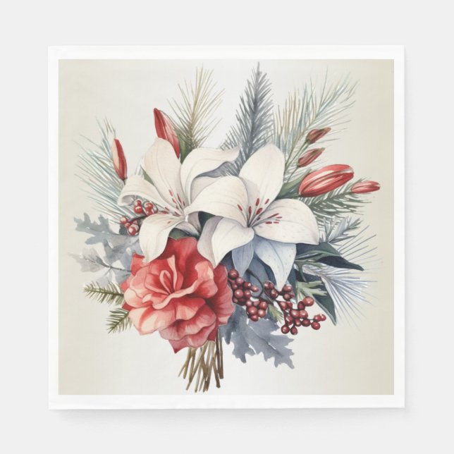 Christmas Party White Red Flowers Holidays Elegant Napkins (Front)
