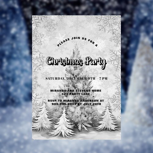 Christmas party white silver tree snowflakes invitation