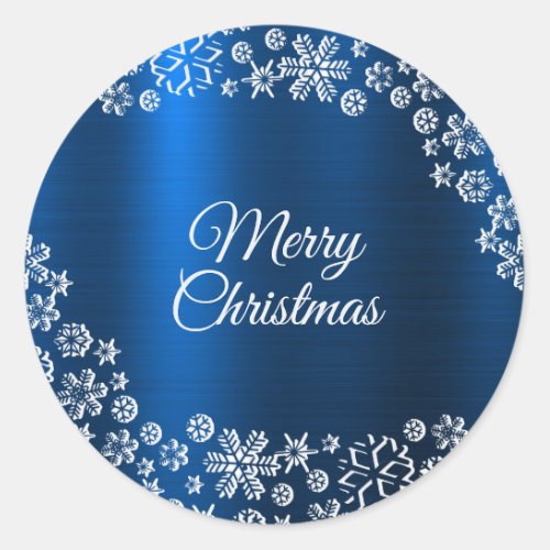Christmas Party White Snowflakes Nave Blue Classic Round Sticker