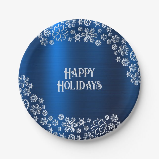 Christmas Party White Snowflakes Navy Blue Paper Plates (Front)