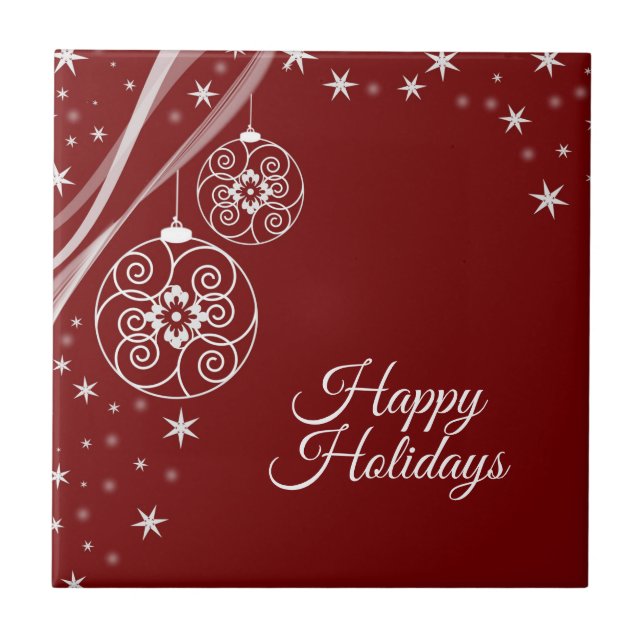 Christmas Party White Stars Red Elegant Ceramic Tile (Front)