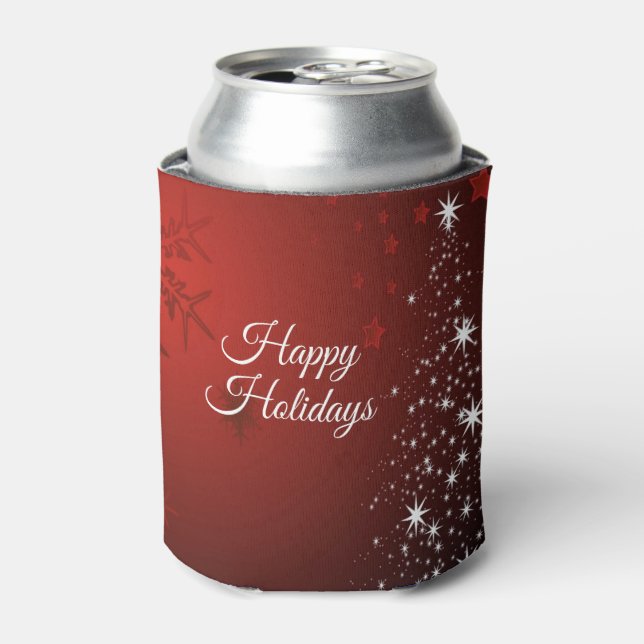 Christmas Party White Stars Tree Red Snowflakes Can Cooler (Can Front)