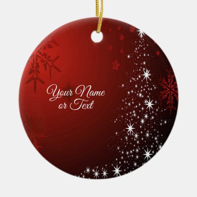 Christmas Party White Stars Tree Red Snowflakes Ceramic Ornament (Front)