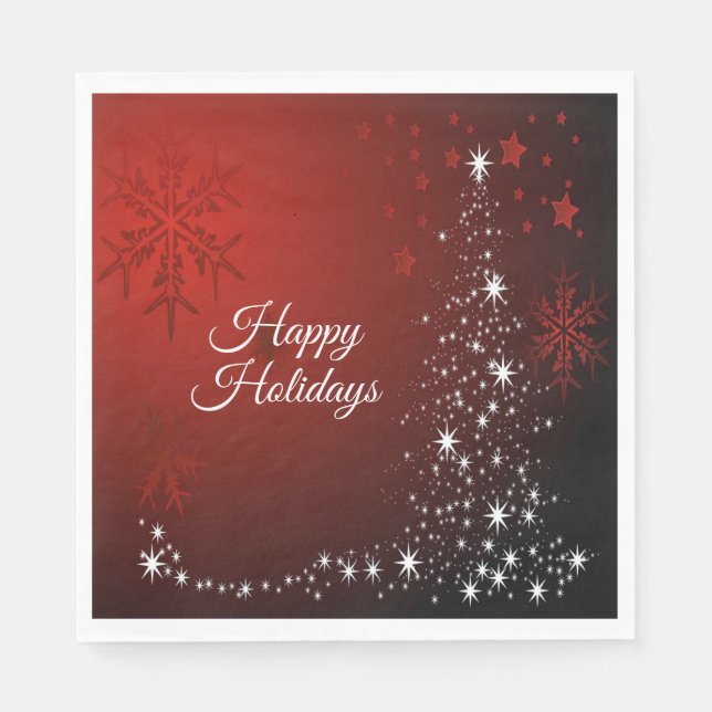 Christmas Party White Stars Tree Red Snowflakes Napkins (Front)