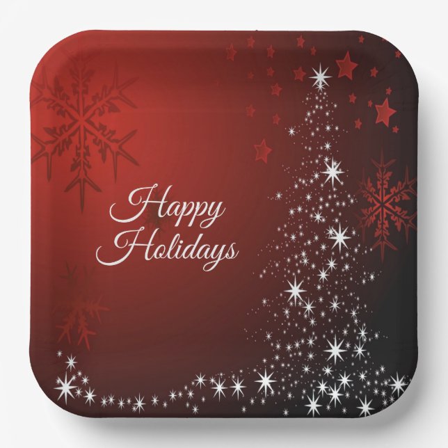 Christmas Party White Stars Tree Red Snowflakes Paper Plates (Front)