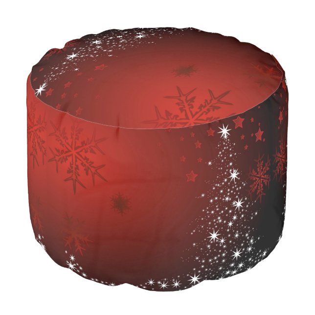 Christmas Party White Stars Tree Red Snowflakes Pouf (Angled Front)