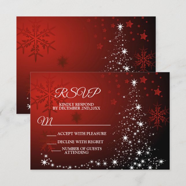 Christmas Party White Stars Tree Red Snowflakes RSVP Card (Front/Back)