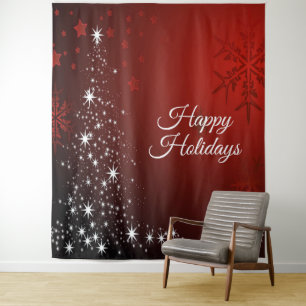 Christmas Party White Stars Tree Red Snowflakes Tapestry