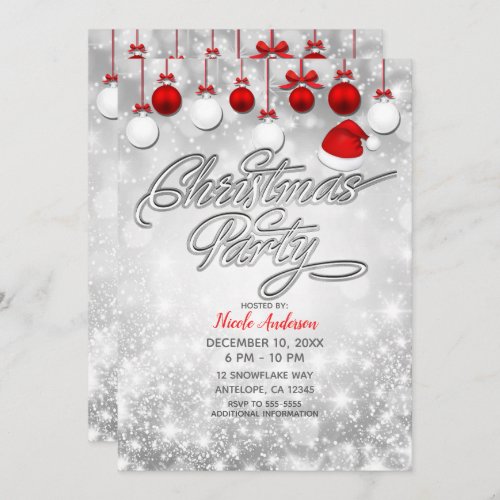 Christmas Party Winter Red White Ornaments Invitation