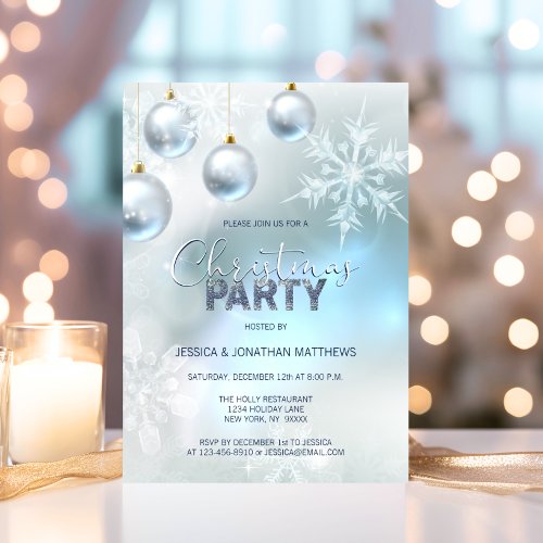 CHRISTMAS PARTY Winter Snow Snowflakes Blue Silver Invitation