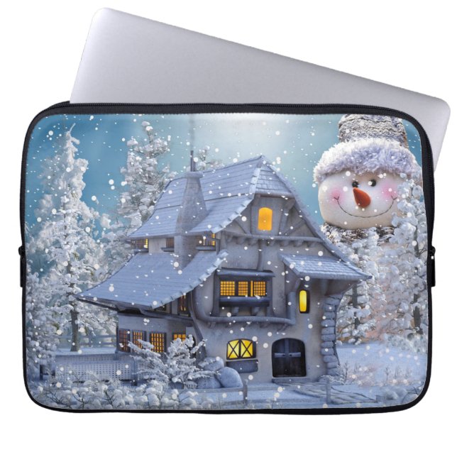 Christmas Party Winter White Snowman Blue Laptop Sleeve (Front)