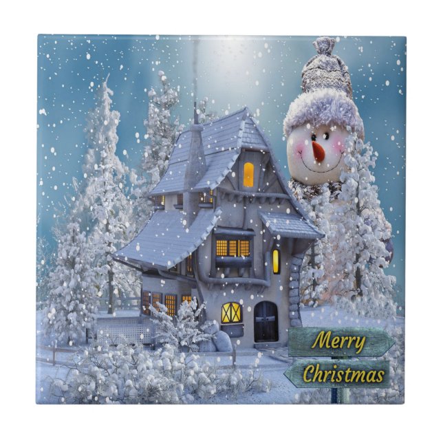 Christmas Party Winter White Snowman Blue Rustic Ceramic Tile (Front)