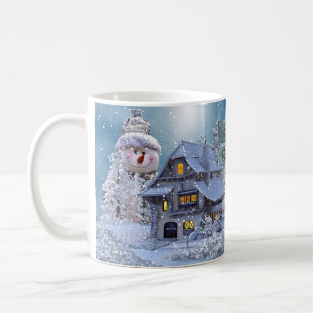 Christmas Party Winter White Snowman Blue Rustic Coffee Mug (Left)