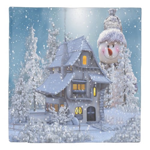Christmas Party Winter White Snowman Blue Rustic Duvet Cover
