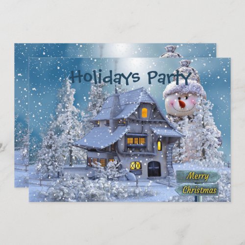 Christmas Party Winter White Snowman Blue Rustic Invitation