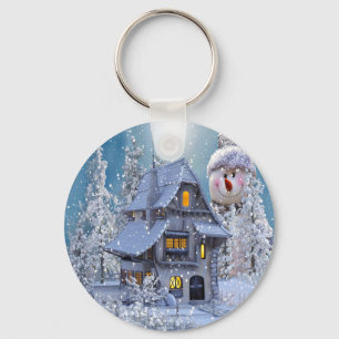 Christmas Party Winter White Snowman Blue Rustic Keychain