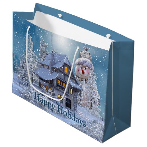 Christmas Party Winter White Snowman Blue Rustic Large Gift Bag