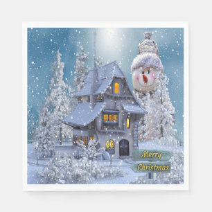Christmas Party Winter White Snowman Blue Rustic Napkins