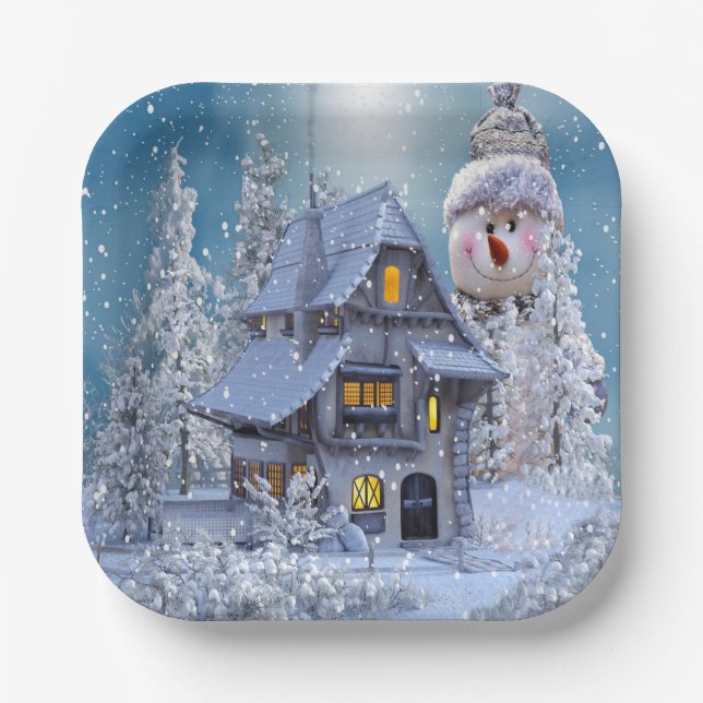 Christmas Party Winter White Snowman Blue Rustic Paper Plates (Front)