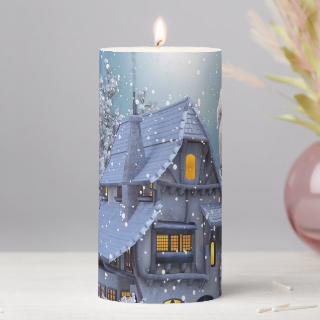 Christmas Party Winter White Snowman Blue Rustic Pillar Candle (In Situ)