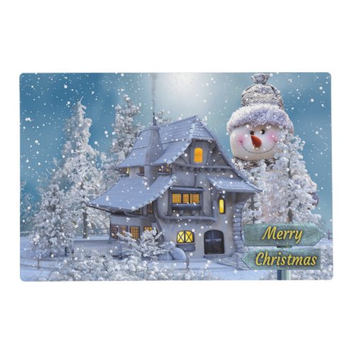 Christmas Party Winter White Snowman Blue Rustic Placemat